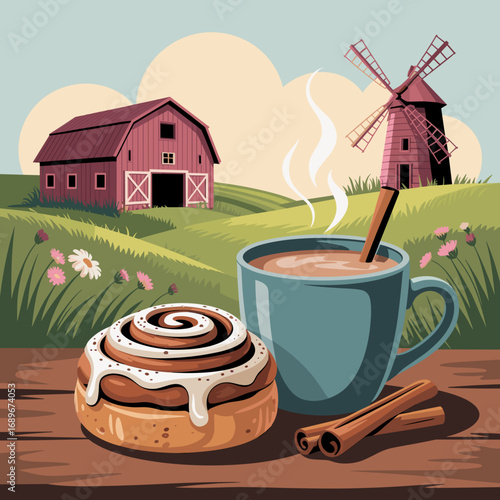 Rustic Farm Scene with Chai and Cinnamon Bun
