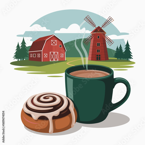 Rustic Farm Scene with Chai and Cinnamon Bun