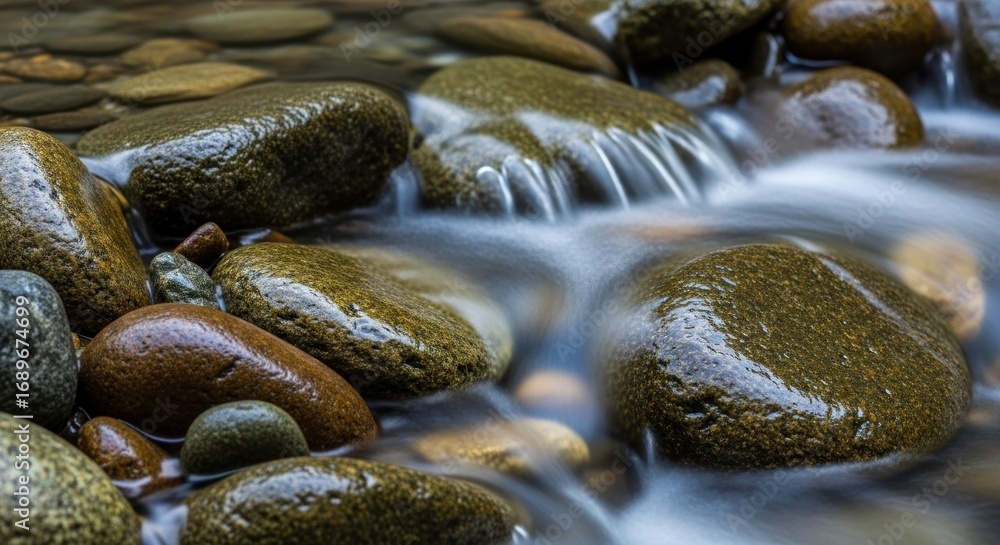 Fototapeta premium Smooth river stones in a shallow stream with blurred water movement