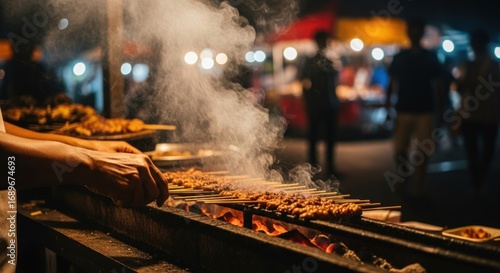 Smoky Satay Skewers Sizzle on Grill at Night Market Food Stall
