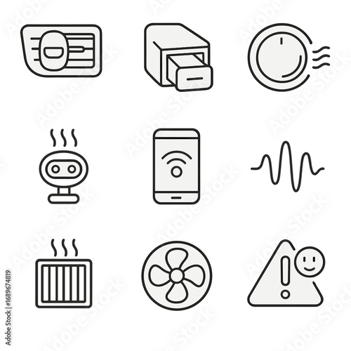 Automotive Scent Icons. Line style icons of Automotive Scent Systems: dashboard vent clip, cartridge drawer, scent intensity knob,