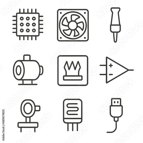Electronic Nose Icons. Line style icons of Electronic Nose Modules: sensor array chip, air intake fan, sampling nozzle, reference