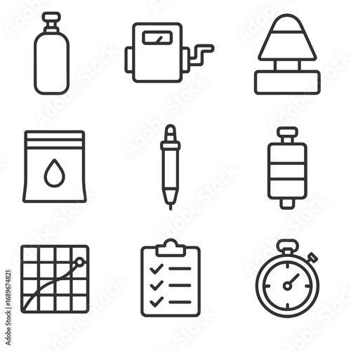 Calibration Tools Icons. Line style icons of Calibration & Testing Tools: reference gas bottle, mass flow meter, calibration hood,