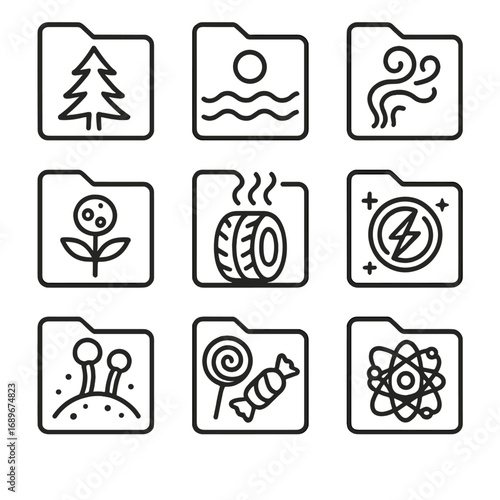 Gaming Scent Icons. Line style icons of Gaming Scent Libraries: forest pine file, ocean brine file, gunpowder smoke file, alien