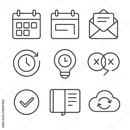 Smart Scheduling Icons. Line style icons of Smart Scheduling Tools: calendar grid, availability slot, meeting invite envelope,