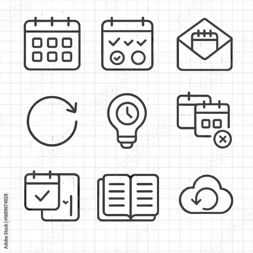 Smart Scheduling Icons. Line style icons of Smart Scheduling Tools: calendar grid, availability slot, meeting invite envelope,