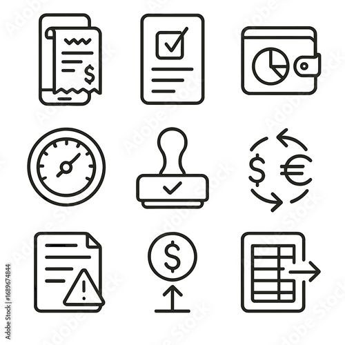 Expense Reporting Icons. Line style icons of Expense Reporting Helper: receipt scanner, expense form, category wallet, mileage