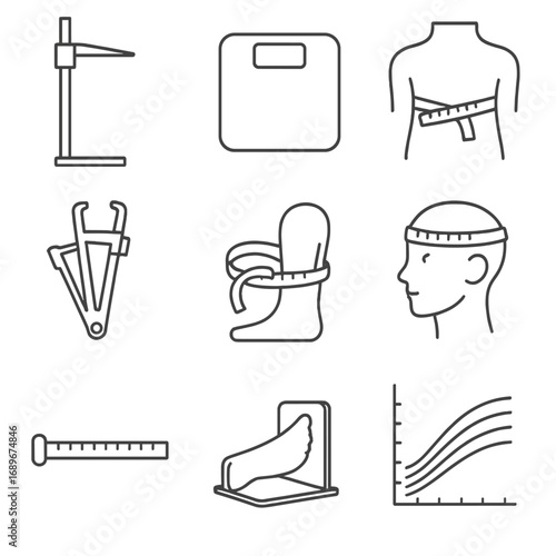 Anthropometric Icons Collection. Line style icons of Anthropometric Measurements: stadiometer rod, digital scale, waist tape