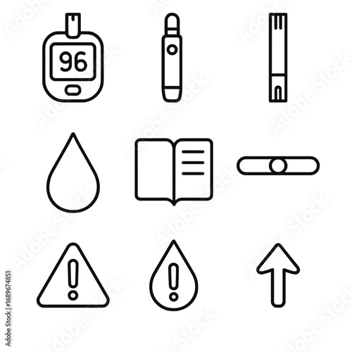 Glucose Monitoring Icons. Line style icons of Blood Glucose Monitoring: glucometer, lancet pen, test strip, drop of blood, log