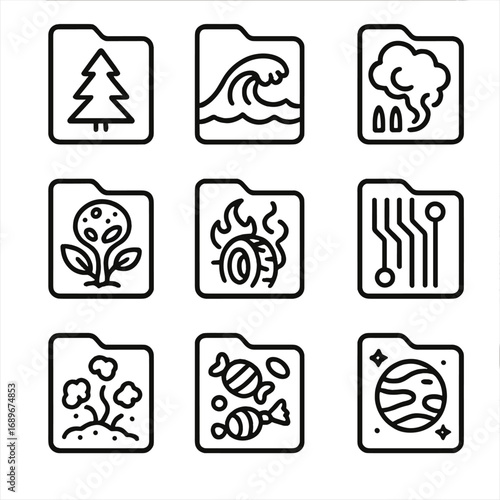 Gaming Scent Icons. Line style icons of Gaming Scent Libraries: forest pine file, ocean brine file, gunpowder smoke file, alien