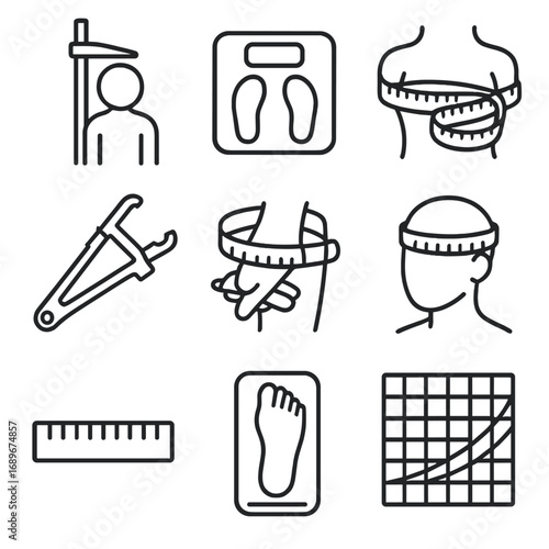 Anthropometric Icons Collection. Line style icons of Anthropometric Measurements: stadiometer rod, digital scale, waist tape