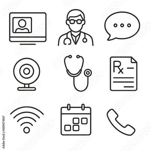 Telemedicine Icon Set. Line style icons of Telemedicine Consultation: video call screen, doctor avatar, chat bubble, webcam lens,
