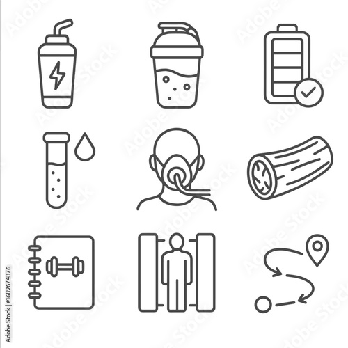 Sports Nutrition Icons. Line style icons of Sports Nutrition Evaluation: pre-workout drink, post-workout shake, glycogen battery,