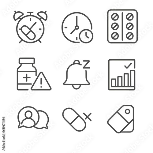 Medication Reminder Icons. Line style icons of Medication Reminder Systems: pill alarm, dosage clock, blister icon, refill alert,