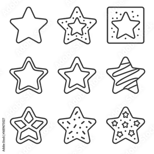 Star Cookie Icons. Outline style icon of Star of Bethlehem Baking: star-shaped cookie, gingerbread star, powdered sugar stencil