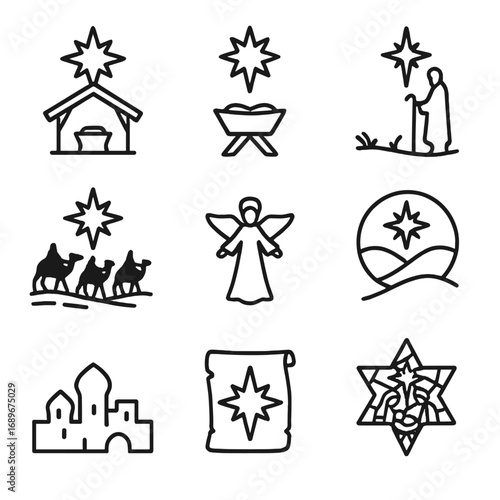 Nativity Star Icons. Outline style icon of Nativity Scene Stars: stable roof star, manger overhead star, shepherd field star, Magi