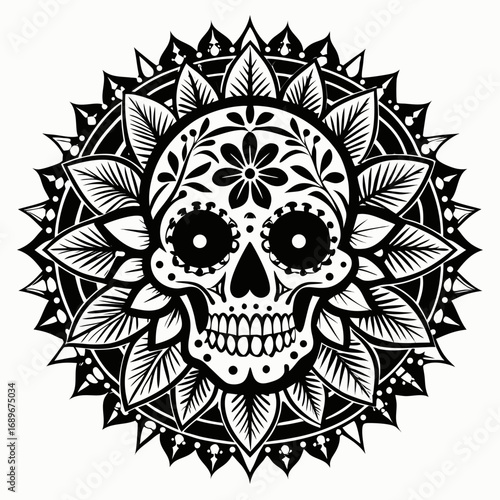 Black Floral Skull Mandala Silhouette Vector on White Background