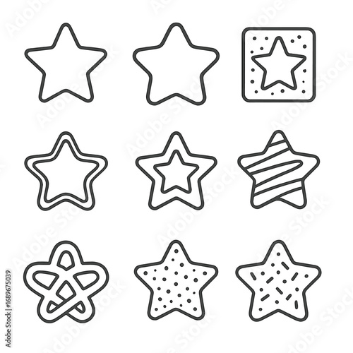 Star Cookie Icons. Outline style icon of Star of Bethlehem Baking: star-shaped cookie, gingerbread star, powdered sugar stencil