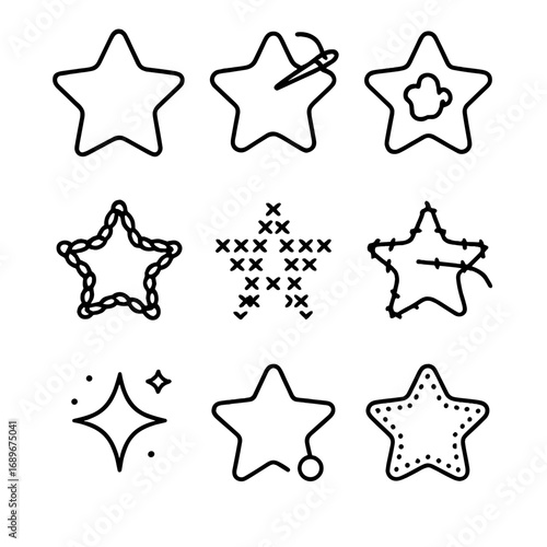 Star Embroidery Icons. Outline style icon of Star Embroidery Stitches: satin stitch star, backstitch outline star, French knot