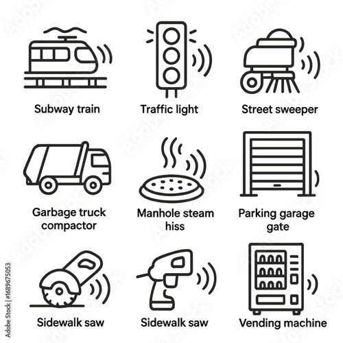 Urban Infrastructure Sounds. Outline style icon of Urban Infrastructure Noise: subway train screech, elevated rail clack, traffic