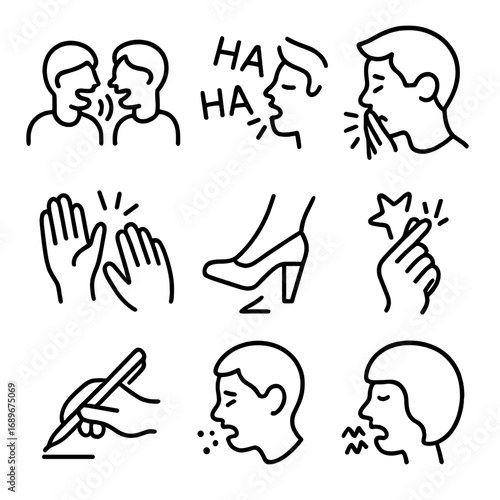 Human Activity Sounds Icons. Outline style icon of Human Activity Noise: loud conversation, laughter burst, sneeze, clap hands,