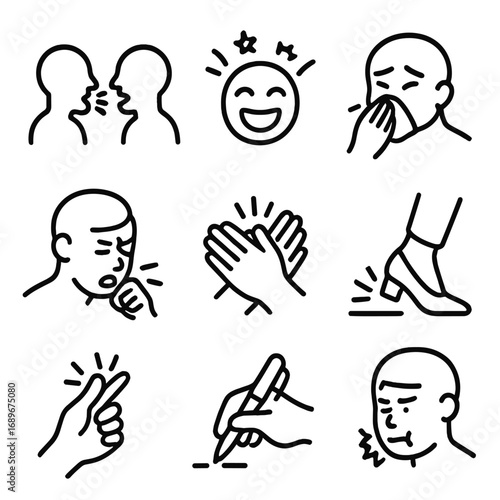Human Activity Sounds Icons. Outline style icon of Human Activity Noise: loud conversation, laughter burst, sneeze, clap hands,