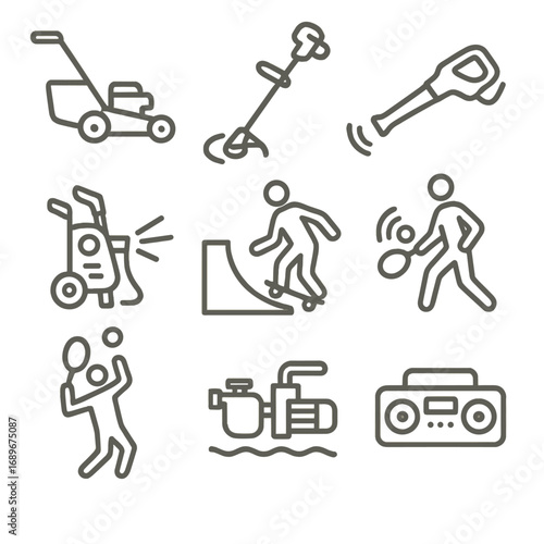 Outdoor Recreation Sounds Icon. Outline style icon of Outdoor Recreation Noise: lawn mower, string trimmer, leaf blower, power