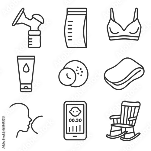 Breastfeeding Essentials Icon Set. Outline style icon of Breastfeeding Essentials: breast pump, milk storage bag, nursing bra,