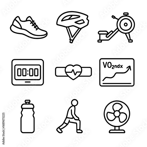 Cardiovascular Fitness Icons. Outline style icon of Cardiovascular Fitness for Men: running shoe, cycling helmet, rowing machine,