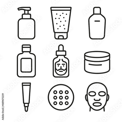 Men's Skincare Icons. Outline style icon of Skin Care for Men: cleanser pump, exfoliant scrub, SPF lotion, aftershave balm, beard
