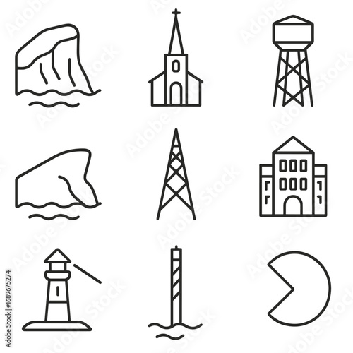 Coastal Pilotage Icons. Outline style icon of Coastal Pilotage Marks: contour line cliff, church spire, water tower, radio mast,
