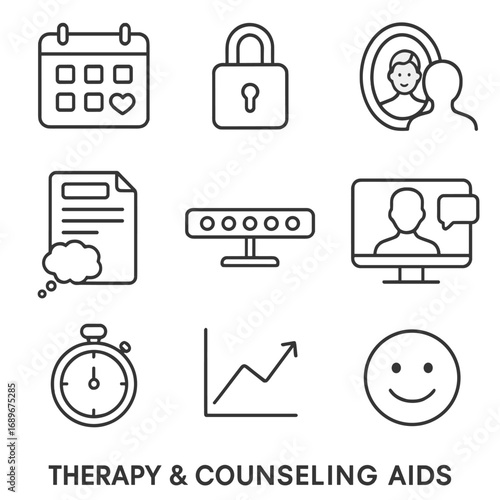Therapy Tools Icons. Outline style icon of Therapy & Counseling Aids: appointment calendar, confidentiality lock, empathy mirror,