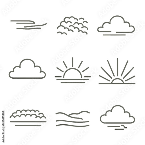 Morning Sky Icon. Outline style icon of Morning Sky Clouds: pastel cirrus, pink altocumulus, golden stratocumulus, horizon haze,