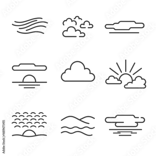 Morning Sky Icon. Outline style icon of Morning Sky Clouds: pastel cirrus, pink altocumulus, golden stratocumulus, horizon haze,