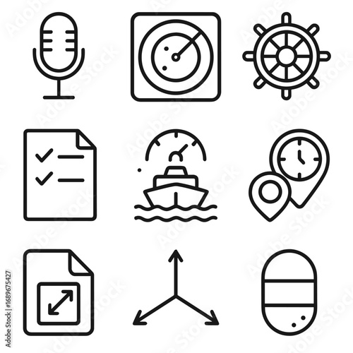 Voyage Data Recorder Icon. Outline style icon of Voyage Data Recorder Inputs: bridge audio mic, radar video feed, ship gyro feed,