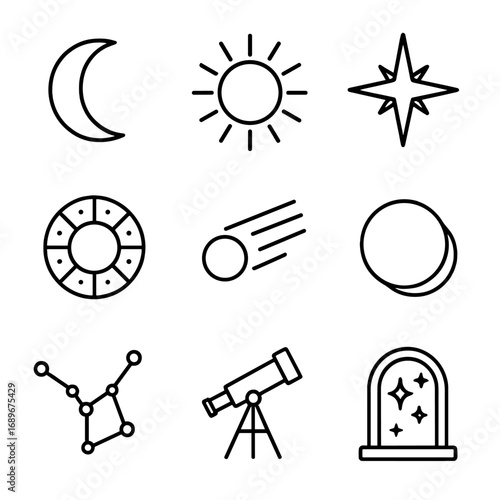 Celestial Magic Icons. Outline style icon of Celestial Magic Icons: crescent moon, radiant sun, north star, zodiac wheel, comet
