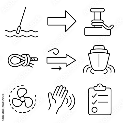 Mooring Guide Icons. Outline style icon of Mooring Approach Guides: lead line angle, spring line arrow, breast line vector,