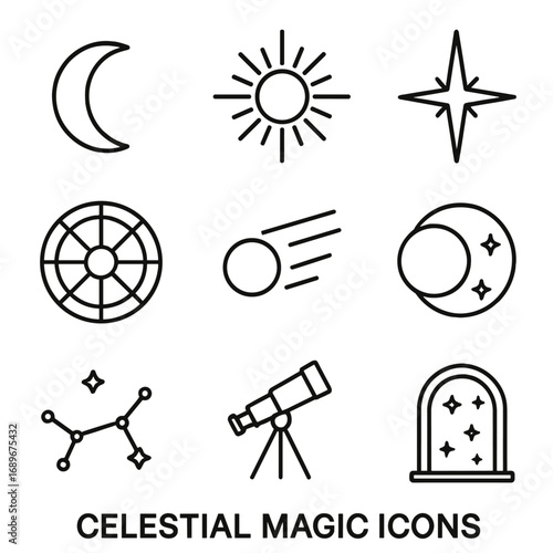 Celestial Magic Icons. Outline style icon of Celestial Magic Icons: crescent moon, radiant sun, north star, zodiac wheel, comet