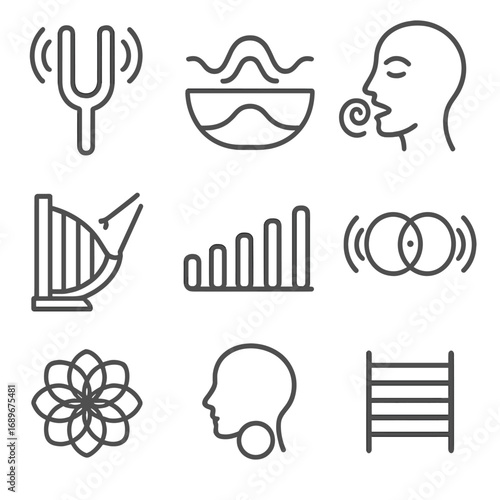 Sound Energy Icons. Outline style icon of Sound Frequency Energies: tuning fork resonance, singing bowl wave, mantra chant spiral,