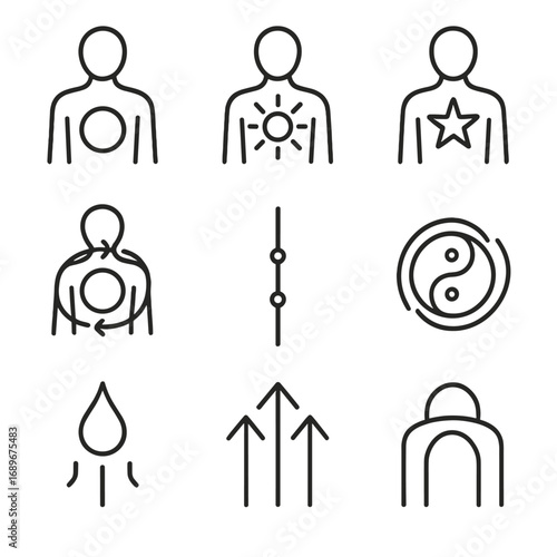 Qi Flow Icons. Outline style icon of Qi Flow Diagrams: lower dantian orb, middle dantian glow, upper dantian star, microcosmic