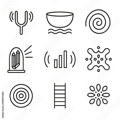 Sound Energy Icons. Outline style icon of Sound Frequency Energies: tuning fork resonance, singing bowl wave, mantra chant spiral,
