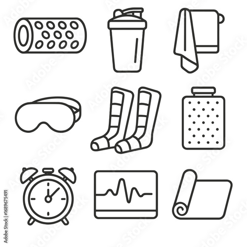 Post-Workout Recovery Icons. Outline style icon of Post-Workout Nap Recovery: foam roller, protein shake, sweat towel, blackout