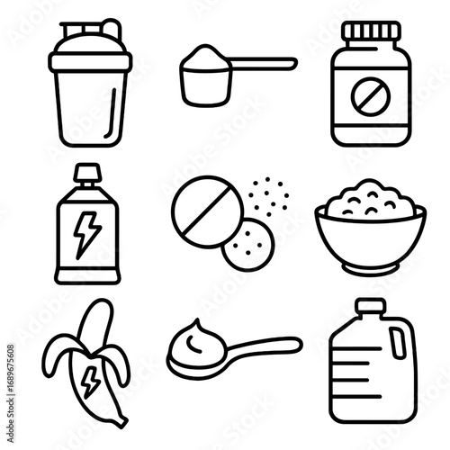 Sport Nutrition Icons. Outline style icon of Sport Nutrition Boosts: protein shaker, creatine scoop, BCAA bottle, carb gel,