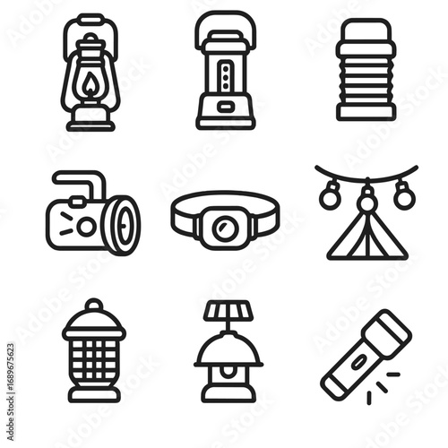 Camping Lantern Line Icons. Line style icons of Camping & Portable Lanterns: gas lantern, LED lantern, collapsible lantern, hand