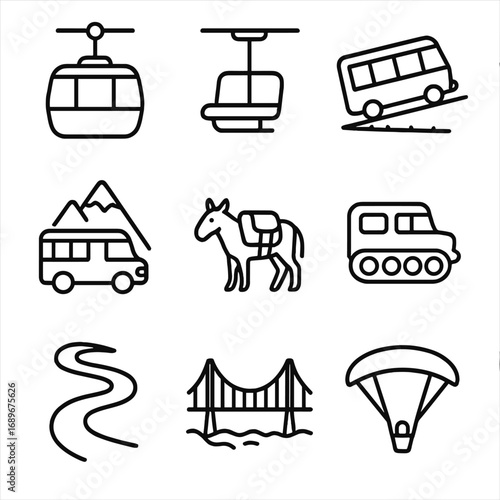 Mountain Transport Icons. Outline style icon of Mountain Transportation: cable car, chairlift line, cog railway, mountain bus,