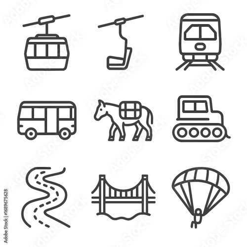 Mountain Transport Icons. Outline style icon of Mountain Transportation: cable car, chairlift line, cog railway, mountain bus,