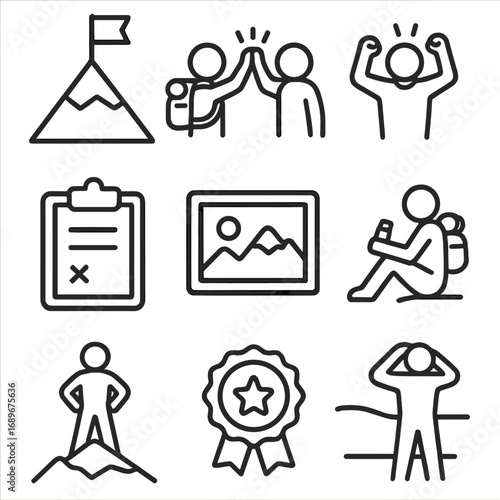 Summit Icon Montage. Outline style icon of Summit Celebrations: flag plant, high-five climbers, victory shout, summit register,