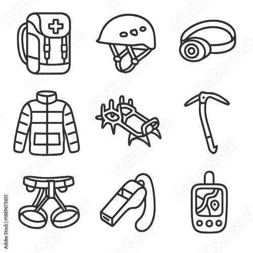 Mountain Rescue Gear Icons. Outline style icon of Mountain Rescue Team Gear: rescue backpack, alpine helmet, headlamp, insulated