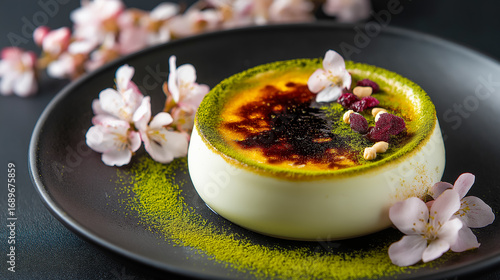 Fusion dessert of cr�me br�l�e with green matcha layer decorated with flowers and berries
