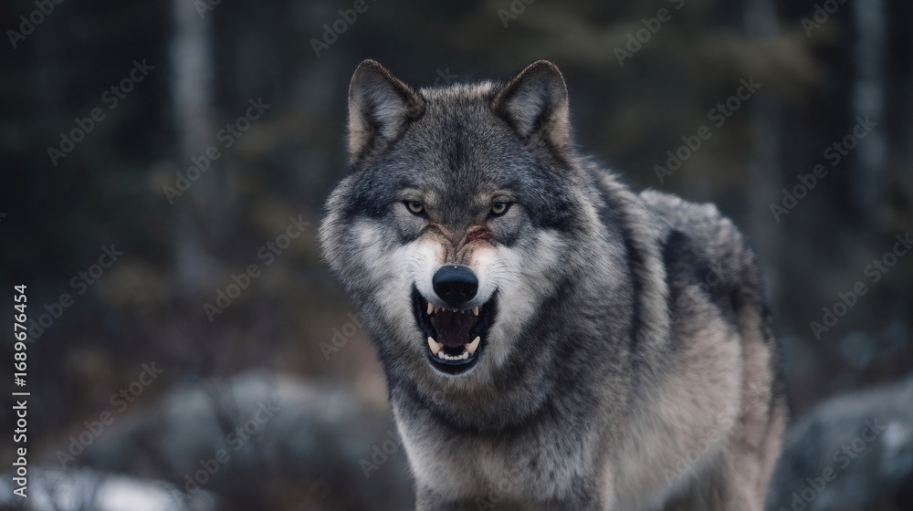 Fototapeta premium Gray wolf snarling and showing teeth in forest habitat